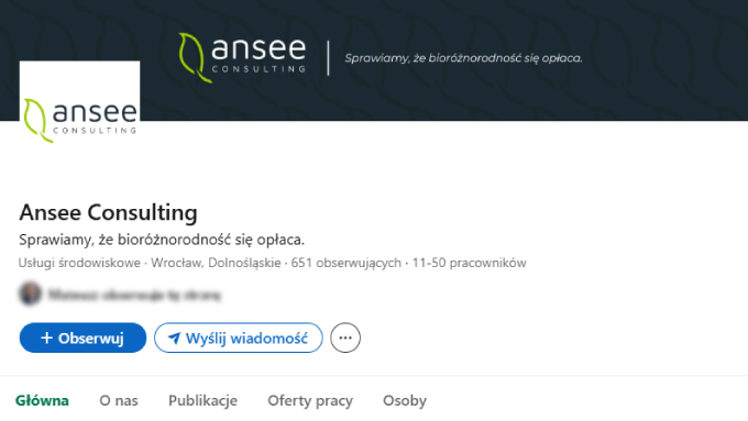 Zrzut ekranu profilu Ansee Consulting na LinkedIn z hasłem „Sprawiamy, że bioróżnorodność się opłaca.”