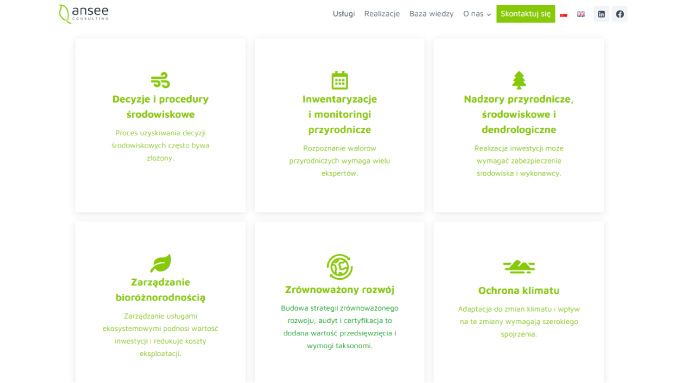 Sześć jasnych kafelków z zielonymi ikonami i nazwami usług środowiskowych na starej stronie internetowej.