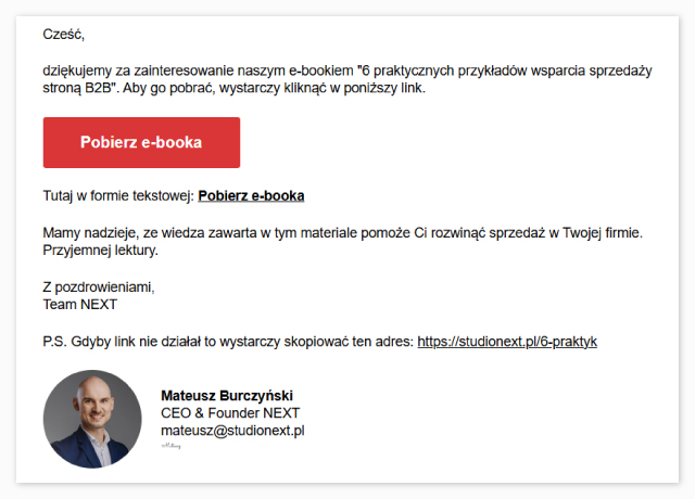 Przykład newslettera powitalnego po pobraniu e-booka