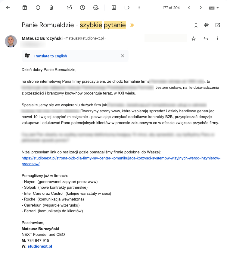 Przykład zimnego maila z linkiem do case study