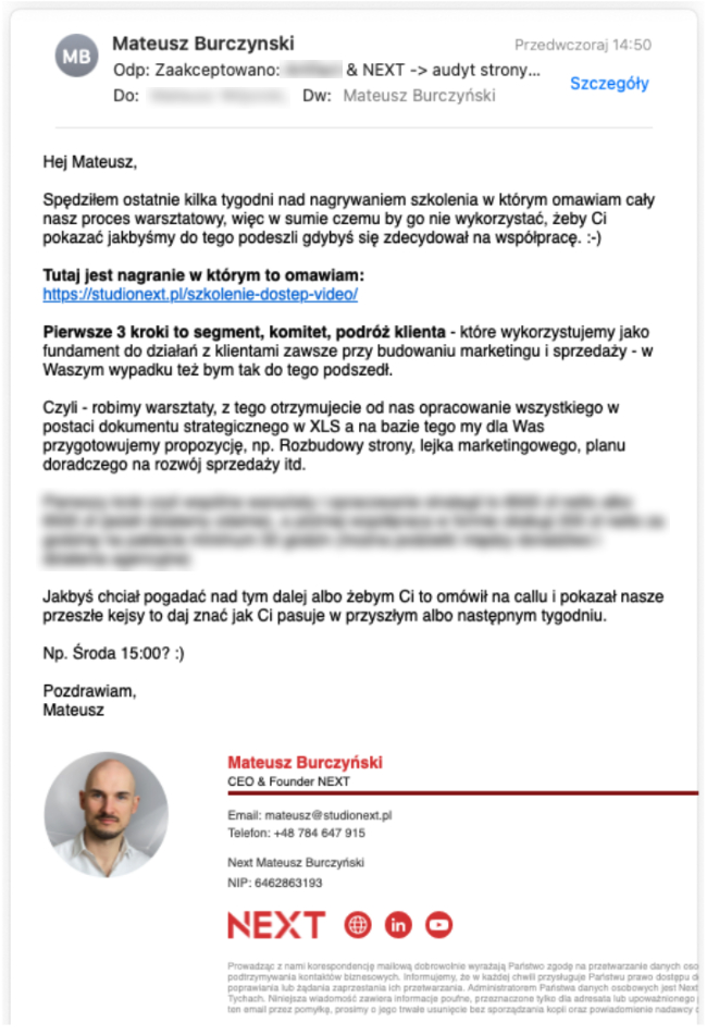 Przykład maila wprowadzającego z linkiem do treści na stronie