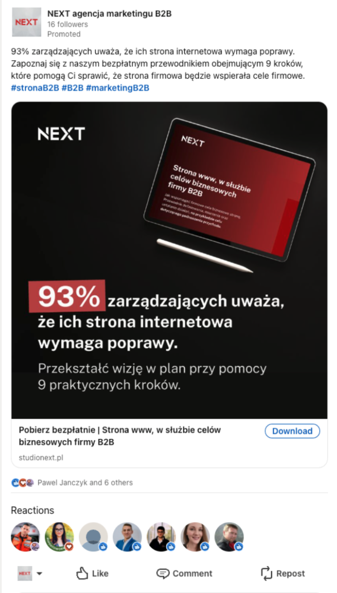 Przykład reklamy na LinkedIn — kampania B2B dla firm technicznych