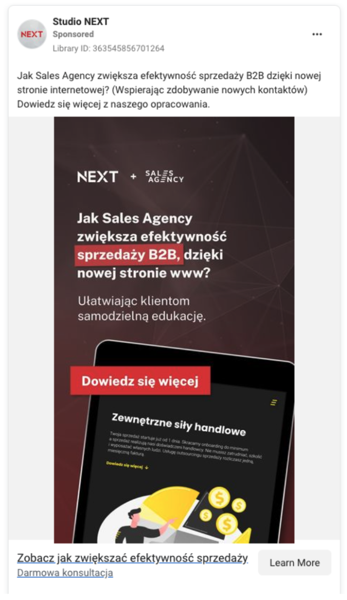 Przykład reklamy remarketingowej w Meta — case study B2B