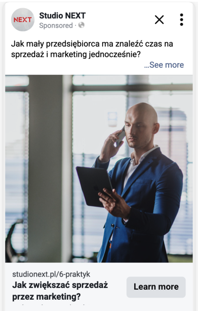 Przykład reklamy contentowej w Meta — zimny ruch B2B