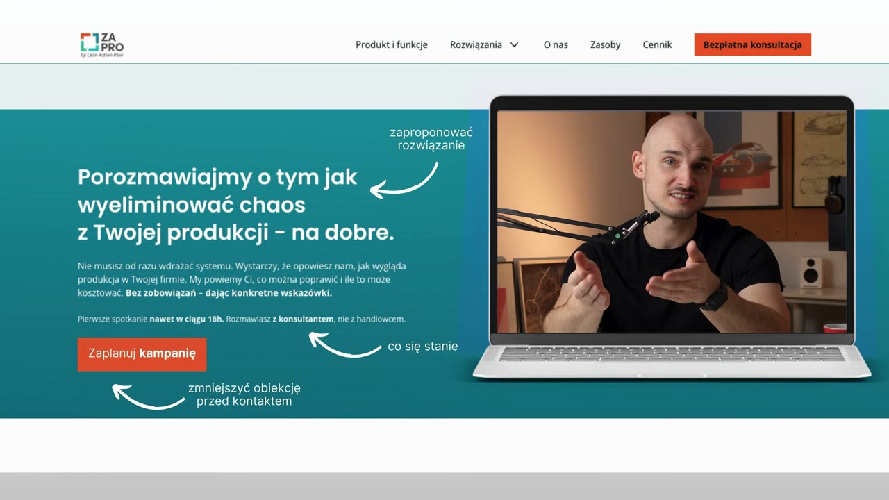 Strona główna dla firmy produkcyjnej — przykład układu sekcji i komunikacji